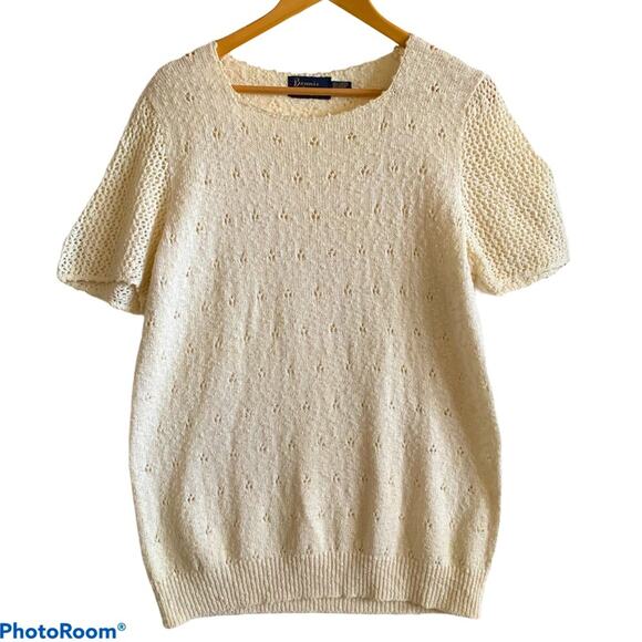 VINTAGE 70s Eyelet Nub Sweater Cream L  Poet Twee Academia Bonnie Lee - Picture 1 of 8